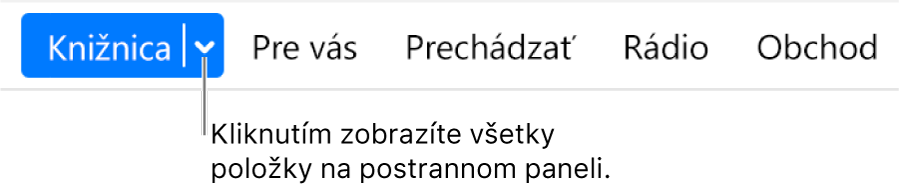 Tlačidlo Knižnica v navigačnom paneli znázorňujúce vyskakovacie menu. Keď je postranný panel skrytý, po kliknutí na tlačidlo získate prístup ku všetkým položkám postranného panela.