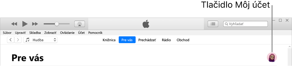 Stránka Pre vás v Apple Music. V pravom hornom rohu je tlačidlo Môj účet.