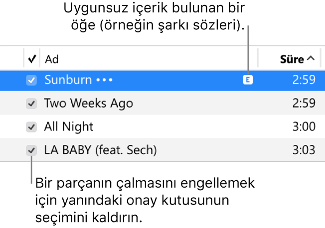 Müzikteki Parçalar görüntüsünün ayrıntıları; solda onay kutularını ve ilk parçanın (şarkı sözü gibi uygunsuz içeriğe sahip olduğunu belirten) uygunsuz sembolünü gösteriyor Bir parçanın çalmasını engellemek için yanındaki onay kutusunun seçimini kaldırın.