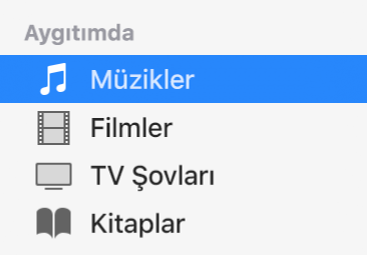 Kenar çubuğunun Aygıtımda bölümü Müzikler’i seçili gösteriyor.