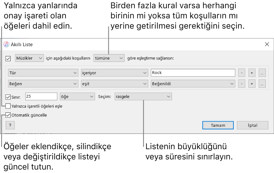 Akıllı Liste penceresi: Sol üst köşede Eşleştirme sağlansın’ı seçin, sonra liste ölçütlerini (tür veya beğeni gibi) belirtin. Kural eklemeye veya silmeye devam edin; birden fazla kural varsa kurallardan herhangi birinin mi yoksa tümünün mü karşılanması gerektiğini seçin. Pencerenin alt kısmında listenin büyüklüğünü ve süresini sınırlama, yalnızca işaretli parçaları dahil etme veya arşivinizdeki öğeler değiştikçe iTunes’un listeyi güncellemesini sağlama gibi birçok seçenek arasından seçim yapın.