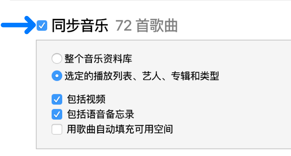 左上方附近的“同步音乐”已选中，包含同步整个资料库或仅所选项目的选项。