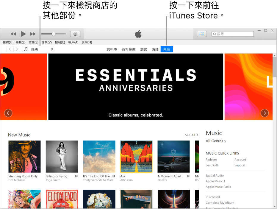 iTunes Store 主視窗:在導覽列中,「商店」已反白標示。在左上角,選擇以在「商店」中檢視不同內容(例如「音樂」或「電視」)。