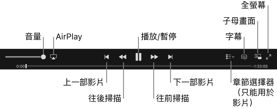 影片控制項目：音量、AirPlay、上一個影片、畫面反轉、播放 / 暫停、正向畫面、下一個影片、章節選擇器（僅限電影）、字幕、子母畫面和全螢幕。