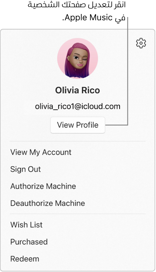 قائمة ملف التعريف التي تظهر عند تحديد اسمك في أسفل الشريط الجانبي. صورة المستخدم وحساب Apple موجودان في الجزء العلوي. ويظهر زر عرض الملف الشخصي أسفل حساب Apple. خيارات القائمة تتضمن عرض حسابي وتخويل الجهاز وقائمة الرغبات.