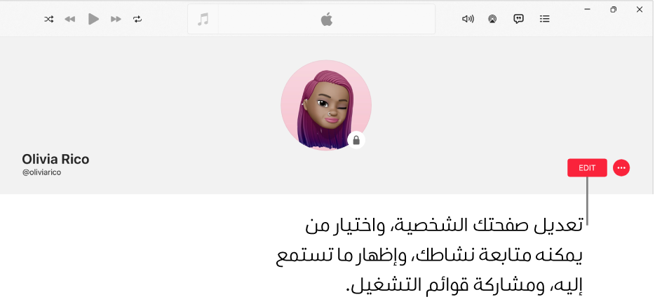 صفحة الملف الشخصي في Apple Music: على الجانب الأيسر من النافذة، يوجد زر تحرير، والذي يمكنك تحديده لتحرير ملف التعريف، واختيار من يمكنه متابعة نشاطك، وإظهار ما تستمع إليه، ومشاركة قوائم التشغيل.