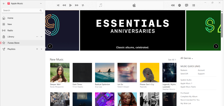 نافذة iTunes Store الرئيسية: في الشريط الجانبي، يتم تمييز iTunes Store.