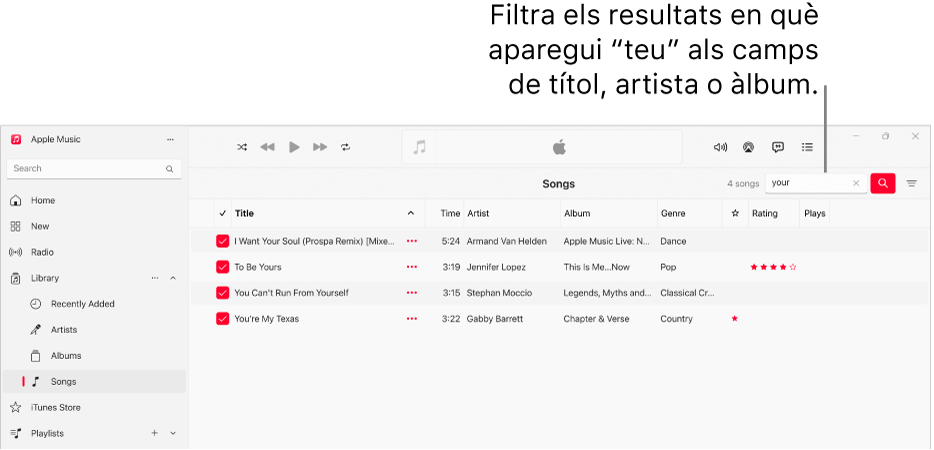 La finestra de l’Apple Music amb la llista de cançons que apareixen quan s’introdueix “amor” al camp del filtre que hi ha a l’angle superior dret. Les cançons de la llista tenen la paraula "amor" al títol o al nom de l’artista o al nom de l’àlbum.