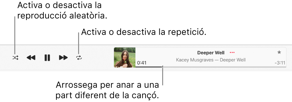 La finestra de reproducció amb la cançó que s’està reproduint. El botó “Aleatori” és a la cantonada superior esquerra i el botó “Repeteix” a l’esquerra de la il·lustració de l’àlbum. La reproducció dinàmica és a sota del nom de la cançó, a la part dreta de la finestra.