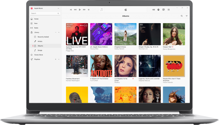 Okno Apple Music, v němž je vidět knihovna s alby