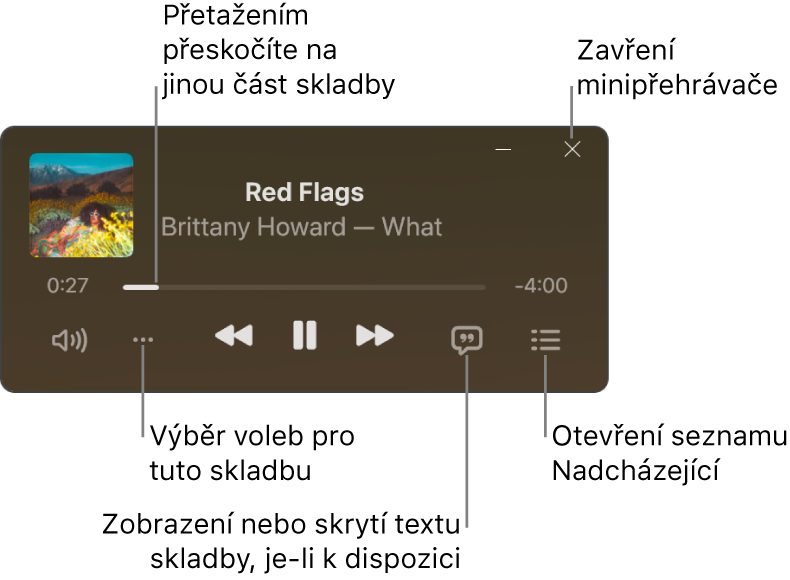 Minipřehrávač s ovládacími prvky pro právě přehrávanou skladbu. V hlavní části okna se zobrazuje grafika alba, z nějž skladba pochází. Pod grafikou se nachází jezdec pro posun na jinou část skladby a tlačítka pro nastavení hlasitosti, výběr voleb, zobrazení textu skladby a seznamu nadcházejících skladeb. Tlačítkem v pravém horním rohu se minipřehrávač zavírá.
