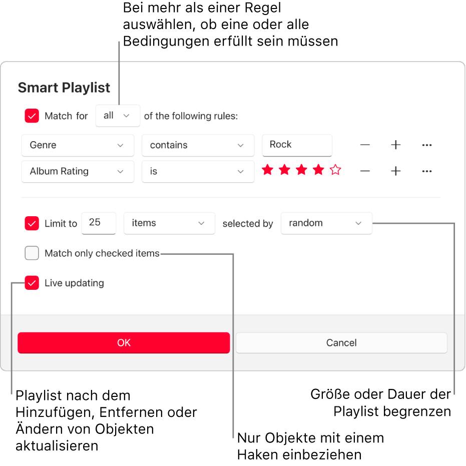 Das Dialogfenster „Intelligente Playlist“: Wähle oben links „Enthält“ und gib die Kriterien für die Playlist an (etwa Genre oder Wertung). Durch Auswählen der Taste „Hinzufügen“ oder „Entfernen“ oben rechts kannst du weitere Regeln hinzufügen oder Regeln entfernen. Im unteren Bereich des Dialogfensters kannst du verschiedene Optionen auswählen, um z. B. die Größe oder Dauer der Playlist zu beschränken, um nur solche Titel aufzunehmen, die markiert sind, oder um Apple Music die Playlist ändern zu lassen, wenn sich Objekte in deiner Mediathek ändern.