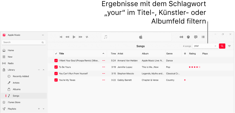 Das Fenster von Apple Music zeigt die Liste der Musiktitel, die angezeigt werden wenn „love“ in das Filterfeld oben rechts eingegeben wird. Bei den Titeln in der Liste kommt das Wort„love“ im Titel, im Namen des:der Künstler:in oder im Albumnamen vor.