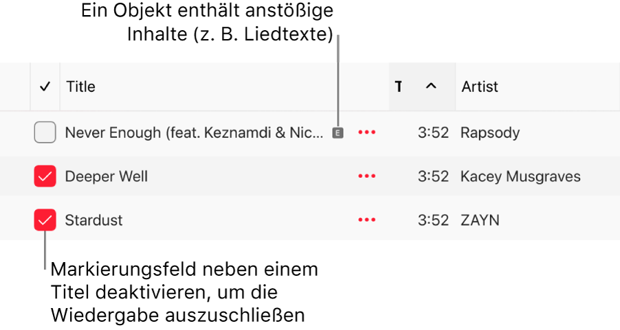 Details der Ansicht „Titel“ auf Apple Music mit Markierungsfeldern und einem Symbol für anstößige Inhalte beim ersten Titel (das anzeigt, dass der Titel anstößige Inhalte enthält, zum Beispiel in den Liedtexten). Durch Deaktivieren des Markierungsfelds neben einem Titel wird das Abspielen des Titels verhindert.