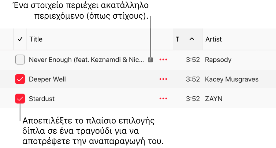 Λεπτομέρεια της λίστας τραγουδιών στο Apple Music, όπου φαίνονται τα πλαίσια επιλογής και ένα σύμβολο ακαταλληλότητας για το πρώτο τραγούδι (που υποδεικνύει ότι έχει ακατάλληλο περιεχόμενο, όπως για παράδειγμα στίχους). Αποεπιλέξτε το πλαίσιο επιλογής δίπλα σε ένα τραγούδι για να μην αναπαραχθεί.