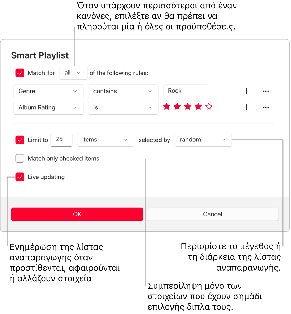 Το πλαίσιο διαλόγου Έξυπνης λίστας αναπαραγωγής: Στην πάνω αριστερή γωνία, επιλέξτε «Αντιστοίχιση» και μετά καθορίστε τα κριτήρια λίστας αναπαραγωγής (π.χ. είδος ή βαθμολογία). Συνεχίστε να προσθέτετε ή να αφαιρείτε κανόνες επιλέγοντας το κουμπί «Προσθήκη» ή «Αφαίρεση» στα δεξιά. Επιλέξτε διάφορες ρυθμίσεις στο κάτω τμήμα του πλαισίου διαλόγου, π.χ. περιορισμός του μεγέθους ή της διάρκειας της λίστας αναπαραγωγής, συμπερίληψη μόνο των επιλεγμένων τραγουδιών, ή ρύθμιση του Apple Music ώστε να ενημερώνει τη λίστα αναπαραγωγής καθώς αλλάζουν τα στοιχεία στη βιβλιοθήκη σας.