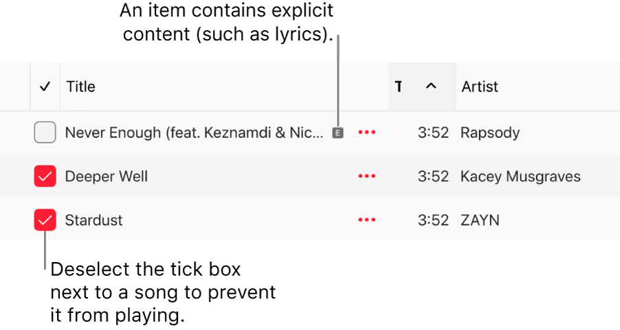 Detail of the songs list in Apple Music, showing the tick boxes and an explicit symbol for the first song (indicating it has explicit content such as lyrics). Unselect the tick box next to a song to prevent it from playing.