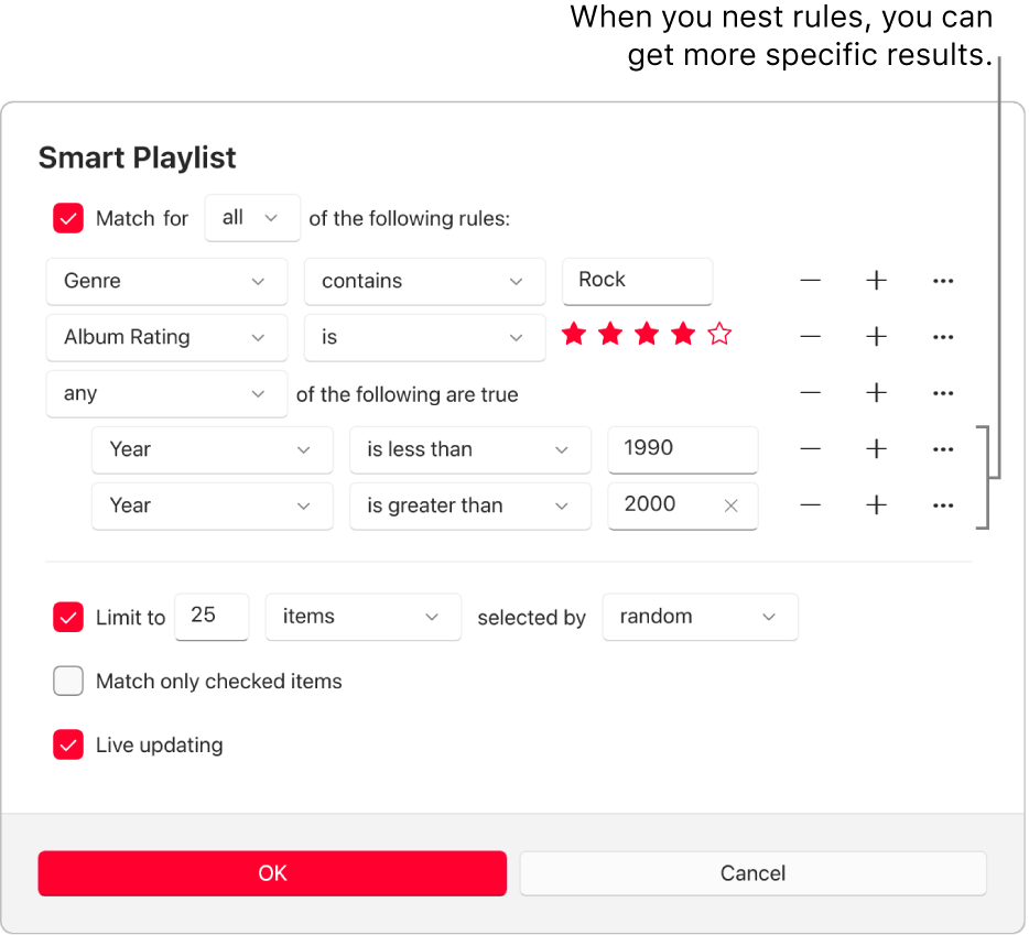 The Smart Playlist dialogue: Use the Nest button on the right to create additional, nested rules to get more specific results.