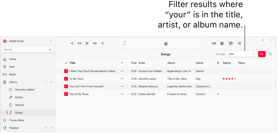 The Apple Music window showing the list of songs that appear when “love” is entered in the filter field in the top-right corner. The songs in the list include the word “love” in their title, artist, or album name.