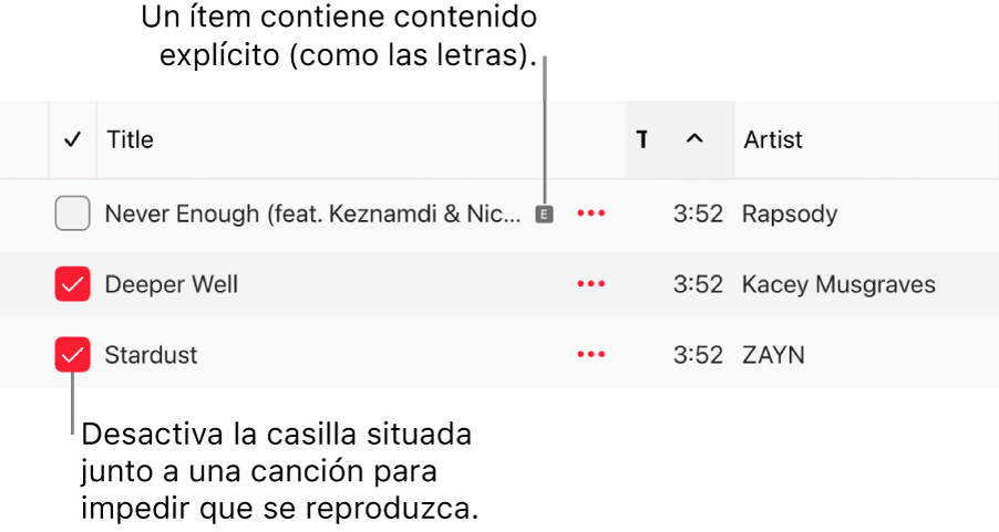 Detalle de la lista de canciones en Apple Music, con las casillas y un símbolo explícito de la primera canción (que indica que incluye contenido explícito, como las letras). Anula la selección de la casilla en aquellas canciones que no quieras reproducir.