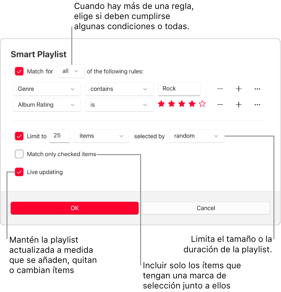 El cuadro de diálogo de “Playlist inteligente”: En la esquina superior izquierda, selecciona “Ítems de” y especifica los criterios de la playlist (como el género o la puntuación). Sigue añadiendo o eliminando reglas seleccionando el botón Añadir o Eliminar de la derecha. Selecciona varias opciones en la parte inferior del cuadro de diálogo, como el límite del tamaño o la duración de la playlist, si incluir solo las canciones seleccionadas o hacer que Apple Music actualice la playlist si cambian los ítems de la biblioteca.