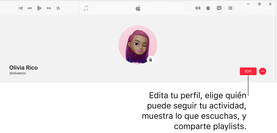 La página de perfil de Apple Music: en el lado derecho de la ventana está el botón Editar, el cual puedes seleccionar para modificar tu perfil, elegir quién puede seguir tu actividad, mostrar lo que escuchas y compartir playlists.