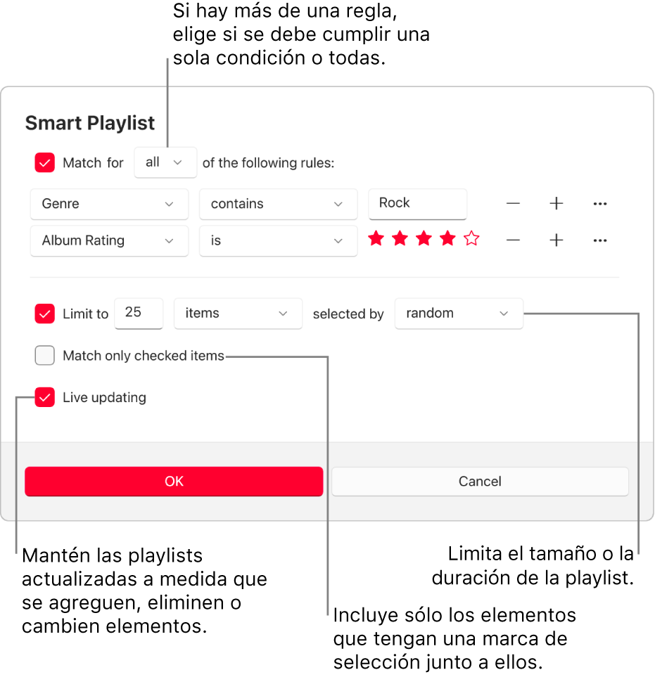 El diálogo de la playlist inteligente: En la esquina superior izquierda, selecciona Incluir elementos y especifica los criterios de la playlist (por ejemplo, un género o calificación). Continúa agregando o eliminando reglas seleccionando el botón Agregar o Eliminar, disponible a la derecha. Selecciona varias opciones en el área inferior del diálogo, por ejemplo, puedes limitar el tamaño o la duración de la playlist, incluir sólo las canciones seleccionadas o hacer que la app Apple Music actualice la playlist como elementos en tu cambio de biblioteca.