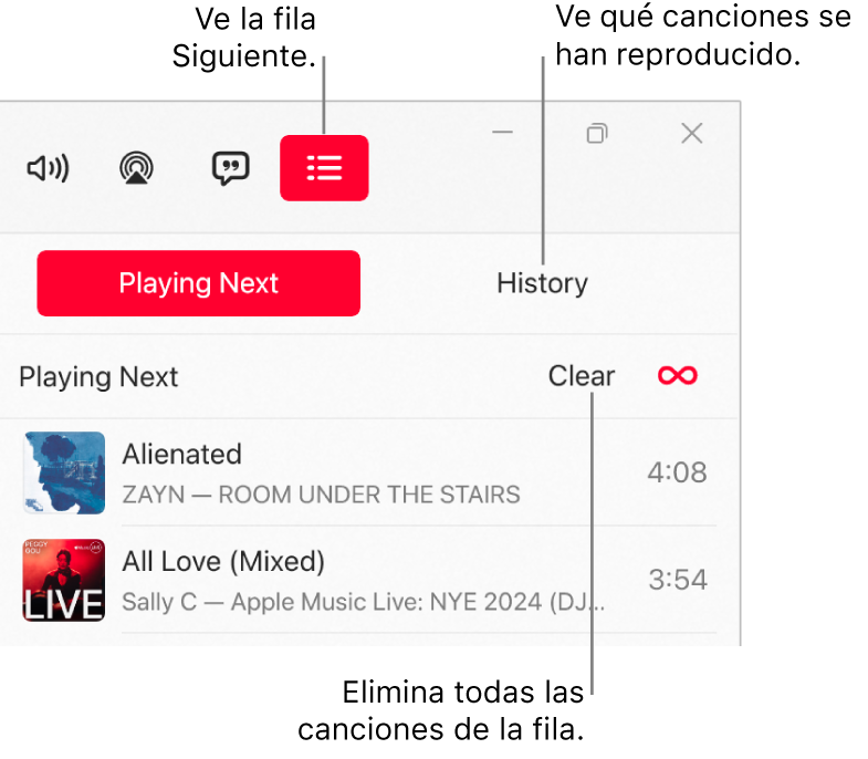 La esquina superior derecha de la ventana de la app Apple Music con el botón Siguiente en la parte superior de la fila Siguiente. El botón Historial está a la derecha del botón Siguiente. Selecciona el botón Historial para consultar las canciones reproducidas anteriormente. La opción Borrar está debajo del botón Historial. Selecciona Borrar para quitar todas las canciones de la lista.