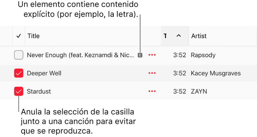 Detalle de la lista de canciones en la app Apple Music, con las casillas a la izquierda y el símbolo de contenido explícito para la primera canción (que indica que su contenido es explícito, por ejemplo, la letra). Anula la selección junto a una canción para evitar que se reproduzca.