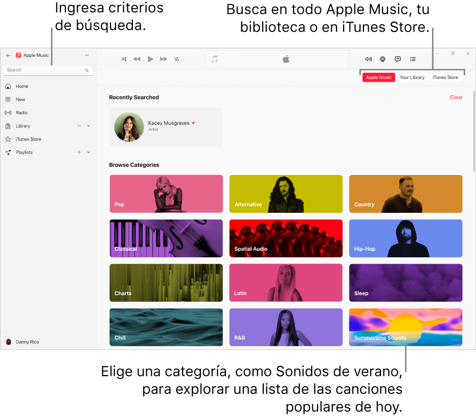 La ventana de la app Apple Music muestra el campo de búsqueda en la esquina superior izquierda, la lista de categorías en el centro de la ventana y los botones Apple Music, Tu biblioteca y iTunes Store en la esquina superior derecha.