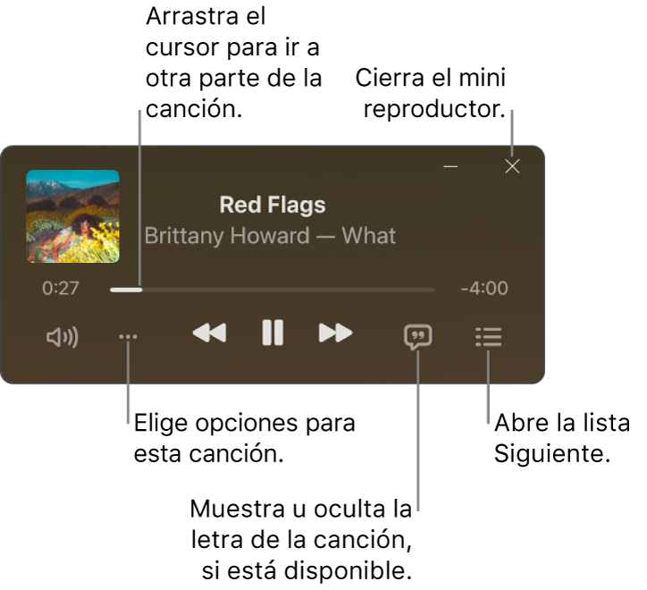 El mini reproductor muestra los controles de la canción que se está reproduciendo. La parte principal de la ventana muestra la ilustración del álbum de la canción. Debajo de la ilustración hay un regulador para ir a otro segmento de la canción, y botones para ajustar el volumen, elegir opciones, mostrar la letra, y ver lo que se reproduce a continuación. En la esquina superior derecha hay un botón para cerrar el mini reproductor.