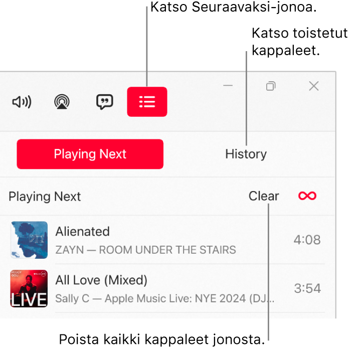 Apple Music -ikkunan oikea yläkulma, jossa näkyy Seuraavaksi-painike Seuraavaksi-jonon päällä. Seuraavaksi-painikkeen oikealla puolella on Historia-painike. Valitsemalla Historia-painikkeen näet aiemmin toistetut kappaleet. Historia-painikkeen alla on Tyhjennä-linkki. Valitsemalla Tyhjennä-linkin voit poistaa kaikki kappaleet jonosta.