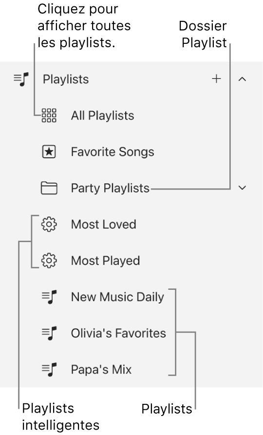 La barre latérale Apple Music affichant les différents types de playlists. Sélectionnez « Toutes les playlists » pour les afficher toutes. Vous pouvez également créer un dossier pour la playlist.