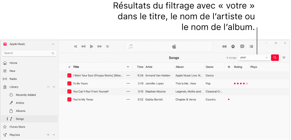 La fenêtre Apple Music affichant la liste des morceaux trouvés lorsque l’utilisateur saisit « love » dans le champ de recherche en haut à droite. Les morceaux de la liste incluent le terme « love » dans leur titre, le nom de l’artiste ou de l’album.