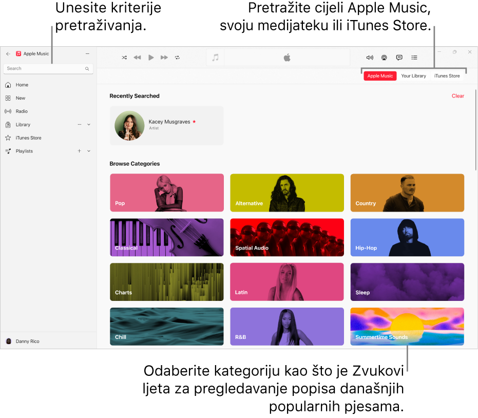 Prozor Apple Musica s poljem za pretraživanje u gornjem lijevom uglu, popisom kategorija u sredini prozora i Apple Musicom ili vašom medijatekom te tipkama za iTunes Store u gornjem desnom uglu.