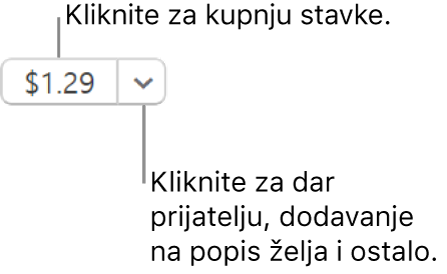 Tipka koja prikazuje cijenu. Odaberite cijenu da kupite stavku. Odaberite strelicu pokraj cijene kako biste stavku poklonili prijatelju, dodajte stavku u popis želja i ostalo.