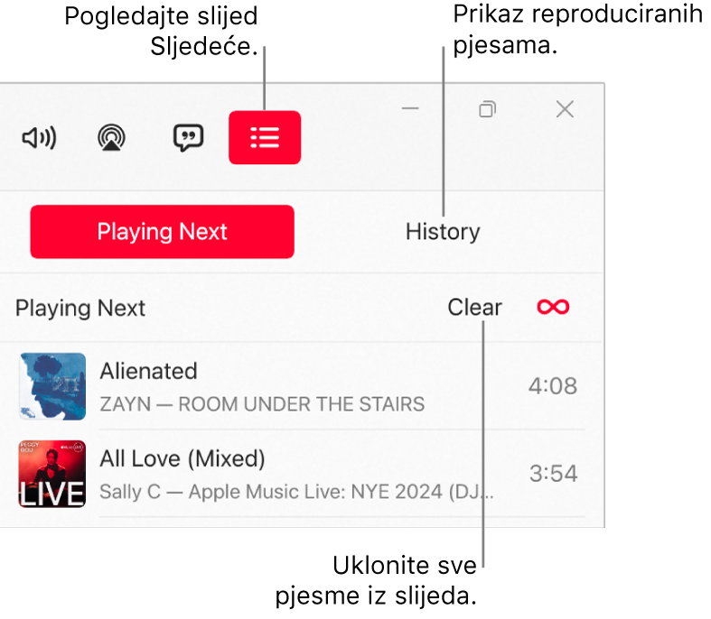 Gornji desni kut prozora aplikacije Apple Music s tipkom Sljedeće pri vrhu reda Sljedeće. Tipka Povijest nalazi se s desne strane tipke Sljedeće. Odaberite tipku Povijest kako biste vidjeli popis prethodno reproduciranih pjesama. Link Očisti nalazi se ispod tipke Povijest. Odaberite link Očisti za uklanjanje svih pjesama iz redoslijeda.