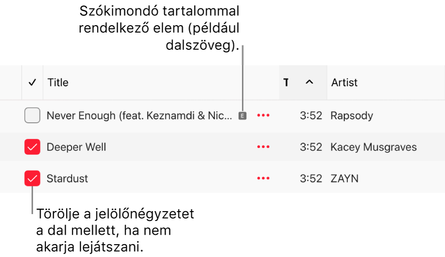 A dallista részlete az Apple Music appban, bal oldalon a jelölőnégyzetek képével és egy szókimondó szimbólummal az első dal mellett (ezzel jelölve, hogy szókimondó tartalommal, például dalszöveggel rendelkezik). A lejátszás kihagyásához törölje a dal melletti jelölőnégyzet jelölését.