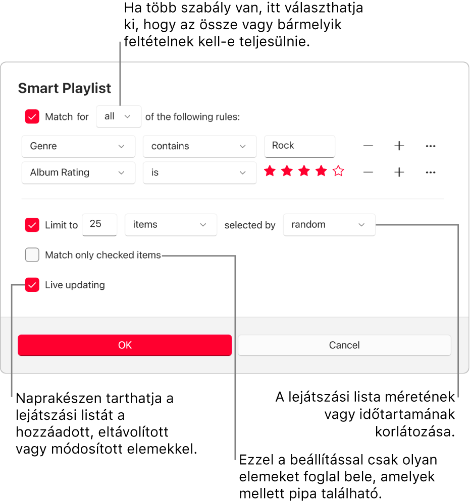 Az Intelligens lejátszási lista párbeszédablak: Válassza ki a bal felső sarokban az Egyezés lehetőséget, majd adja meg a lejátszási lista feltételeit (például a műfajt vagy az értékelést). A jobb oldalon lévő Hozzáadás és Eltávolítás gombbal folytathatja a szabályok hozzáadását, illetve eltávolítását. A párbeszédablak alsó részében különféle lehetőségeket választhat ki – például korlátozhatja a lejátszási lista méretét vagy időtartamát, megadhatja csak ellenőrzött zeneszámok szerepeltetését, illetve frissíttetheti az Apple Music appal a lejátszási listát, ha a könyvtárban lévő elemek megváltoznak.