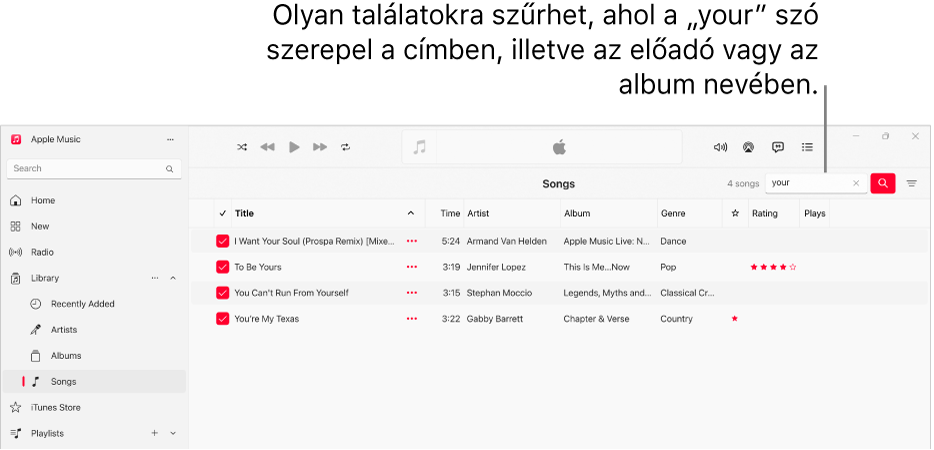 Az Apple Music ablaka, amelyben azok a dalok láthatók, amelyek akkor jelennek meg, amikor a „love” szót beírják a keresőmezőbe a jobb felső sarokban. A listában található dalok címében, előadója nevében vagy albuma címében megtalálható a „love” szó.