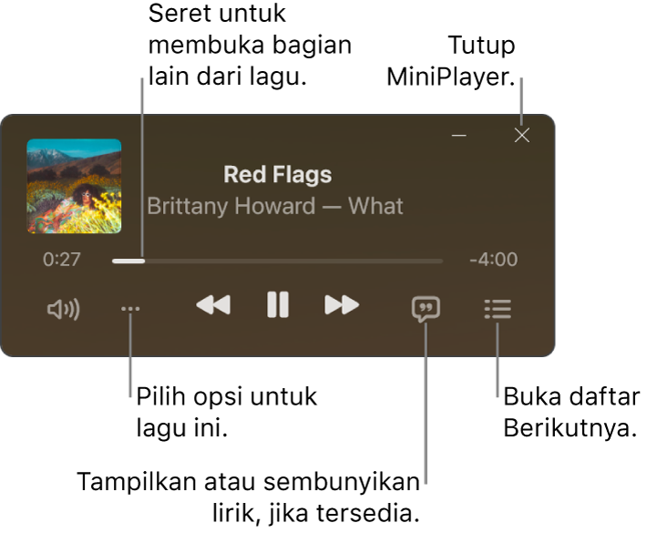 MiniPlayer menampilkan kontrol untuk lagu yang sedang diputar. Bagian utama jendela menampilkan gambar album untuk lagu. Di bawah gambar adalah penggeser untuk berpindah ke bagian lain dari lagu, dan tombol untuk menyesuaikan volume, memilih opsi, menampilkan lirik, dan melihat apa yang diputar berikutnya. Di pojok kanan atas terdapat tombol untuk menutup MiniPlayer.