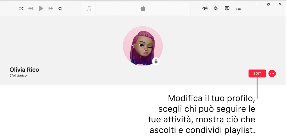 La pagina del profilo su Apple Music: a destra della finestra è presente il pulsante Modifica, che puoi selezionare per modificare il tuo profilo, scegliere chi può seguire ciò che fai, mostrare la musica che ascolti e condividere le playlist.