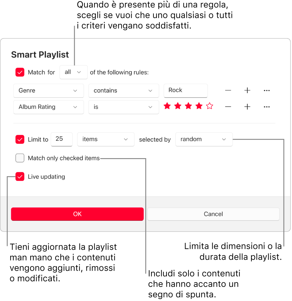 La finestra di dialogo Playlist smart: Nell’angolo in alto a sinistra, seleziona Utilizza, quindi specifica i criteri della playlist (ad esempio, Genere o Classifica). Continua ad aggiungere o rimuovere regole selezionando il pulsante Aggiungi o Rimuovi a destra. Seleziona varie opzioni nella parte inferiore della finestra di dialogo, ad esempio limitare le dimensioni o la durata della playlist, includendo solo i brani che sono selezionati o fare in modo che Apple Music aggiorni la playlist mentre gli elementi nella tua libreria cambiano.