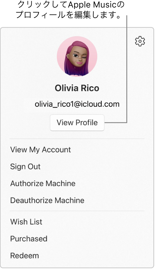 プロフィールメニュー。サイドバーの下部にある自分の名前を選択すると表示されます。上部にはユーザの画像とApple Accountがあります。Apple Accountの下には「プロフィールを表示」ボタンがあります。メニューオプションには、「マイアカウントを表示」、「コンピュータを認証」、および「ウィッシュリスト」があります。