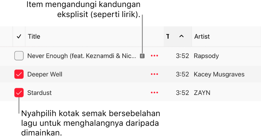 Butiran senarai lagu dalam Apple Music, menunjukkan kotak semak dan simbol eksplisit untuk lagu pertama (menandakan ia mempunyai kandungan eksplisit seperti lirik). Nyahpilih kotak semak bersebelahan lagu untuk menghalangnya daripada bermain.