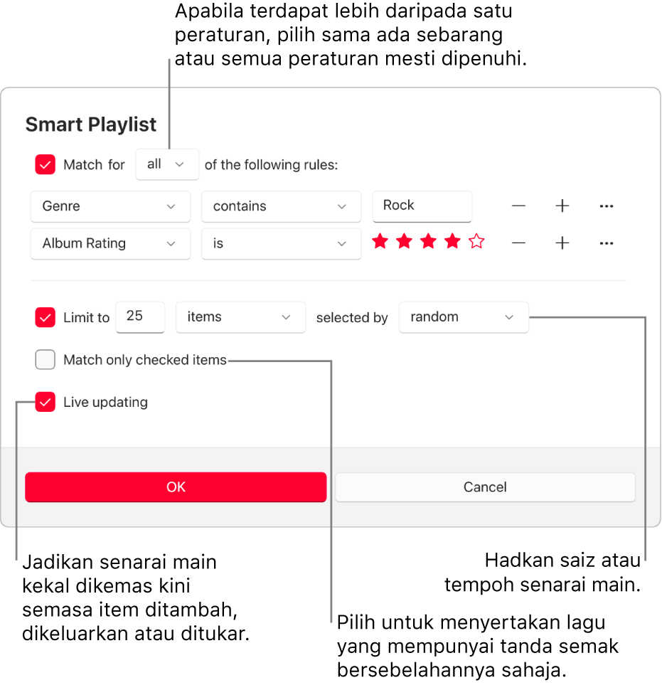 Dialog Senarai Main Pintar: Di bahagian penjuru kiri atas, pilih Padankan, kemudian tentukan kriteria senarai main (seperti genre atau penilaian). Teruskan menambah atau mengeluarkan peraturan dengan memilih butang Tambah atau Keluarkan di bahagian kanan. Pilih pelbagai pilihan di penjuru kanan bawah dialog seperti mengehadkan saiz atau tempoh senarai main, termasuk hanya lagu yang disemak, atau menjadikan Apple Music mengemas kini senarai main jika item dalam pustaka anda berubah.