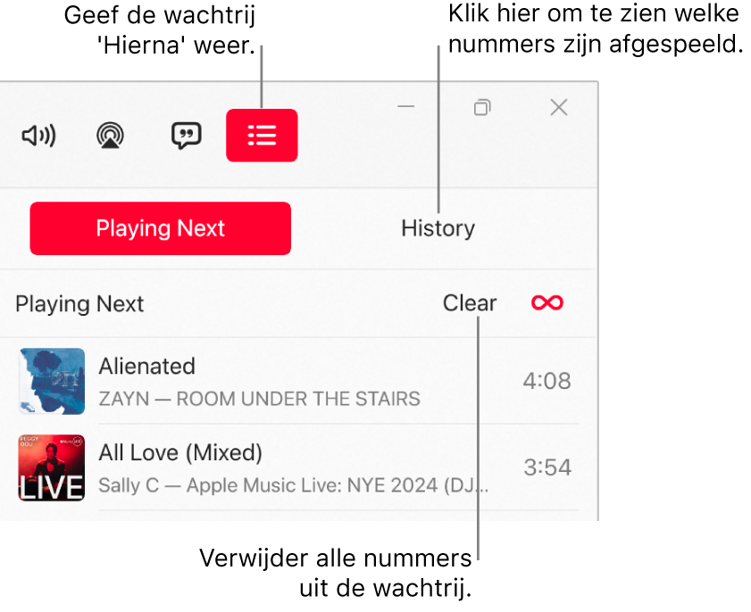 De rechterbovenhoek van het Apple Music-venster, met de knop 'Hierna' boven in de wachtrij 'Hierna'. De knop 'Geschiedenis' staat rechts van de knop 'Hierna'. Selecteer de knop 'Geschiedenis' om eerder afgespeelde nummers weer te geven. De link 'Wissen' staat onder de knop 'Geschiedenis'. Met de link 'Wissen' worden alle nummers uit de wachtrij verwijderd.