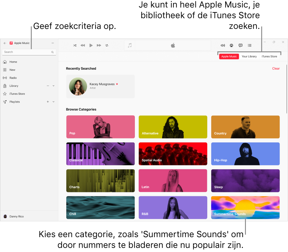 Het Apple Music-venster met het zoekveld linksbovenin, de lijst met categorieën in het midden van het venster en de knoppen 'Apple Music', 'Bibliotheek' en 'iTunes Store' rechtsbovenin.