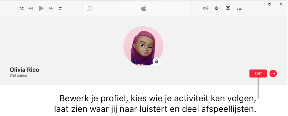 De profielpagina in Apple Music: aan de rechterkant van het venster is de knop 'Bewerken'; deze kun je selecteren om je profiel te bewerken, om op te geven wie je activiteit kan volgen, om te laten zien waar je naar luistert en om afspeellijsten te delen.