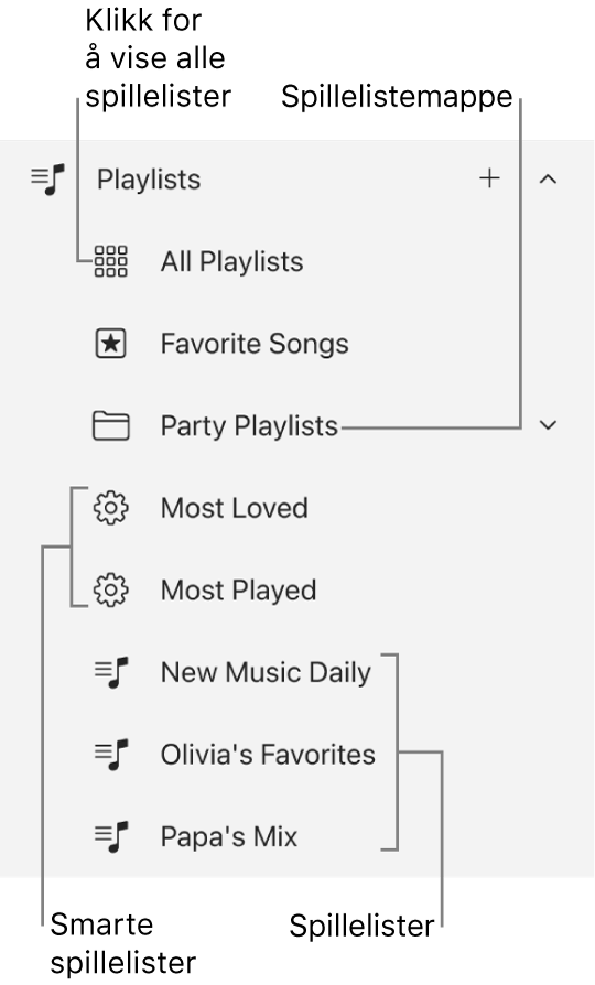 Apple Music-sidepanelet viser de forskjellige spillelistetypene. Velg Alle spillelister for å vise alle. Du kan også opprette en spillelistemappe.